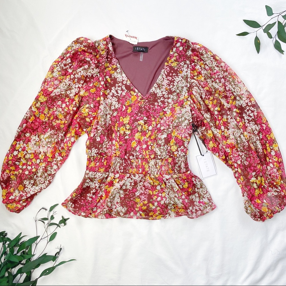 1. State Blouse Pink Yellow Floral Flower V-Neck Peplum Blouse Top Sheer Sleeves